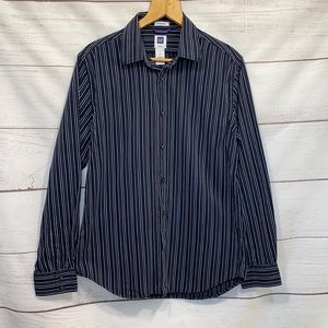 Men's GAP Premium black w/ gray white striped button up dress shirt Medium